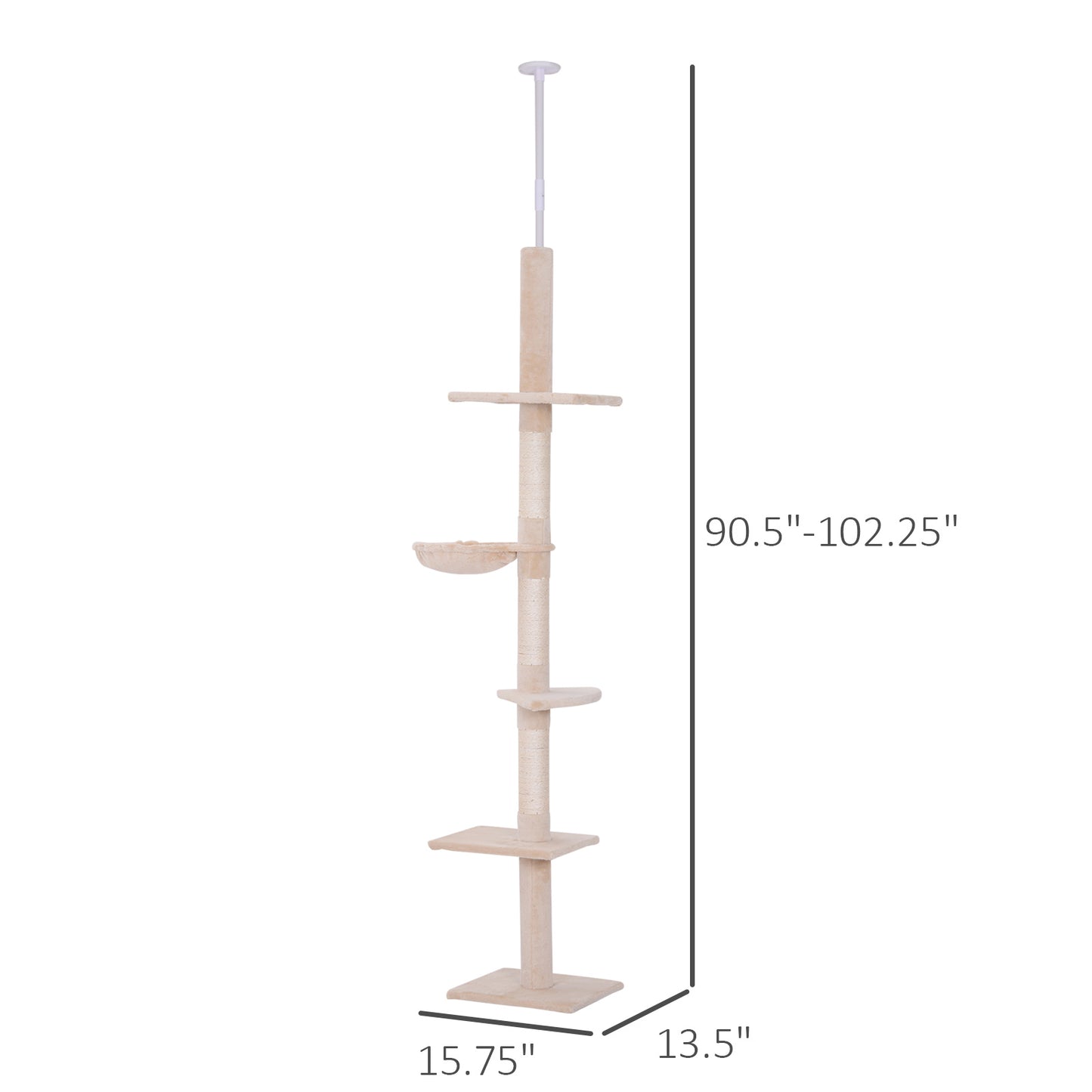 102" Adjustable Height Floor to Ceiling Cat Tree, 5 Level Cat Tower with Scratching Posts, Hammock, Beige