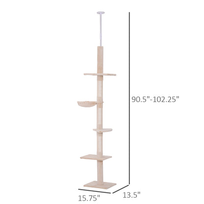 102" Adjustable Height Floor to Ceiling Cat Tree, 5 Level Cat Tower with Scratching Posts, Hammock, Beige