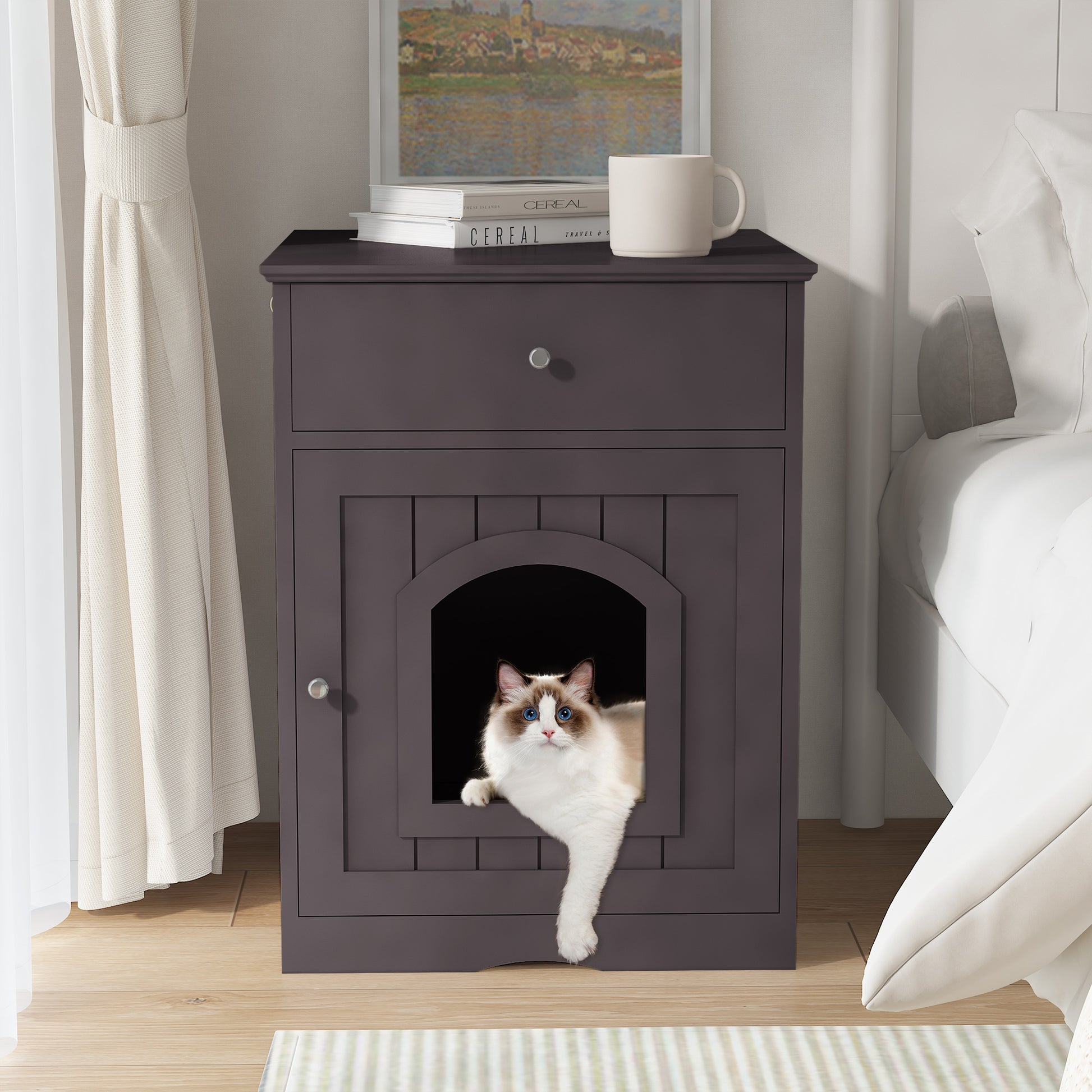 Wooden Pet House Cat Litter Box Enclosure with Drawer, Side Table, Indoor Pet Crate, Cat Home Nightstand Brown