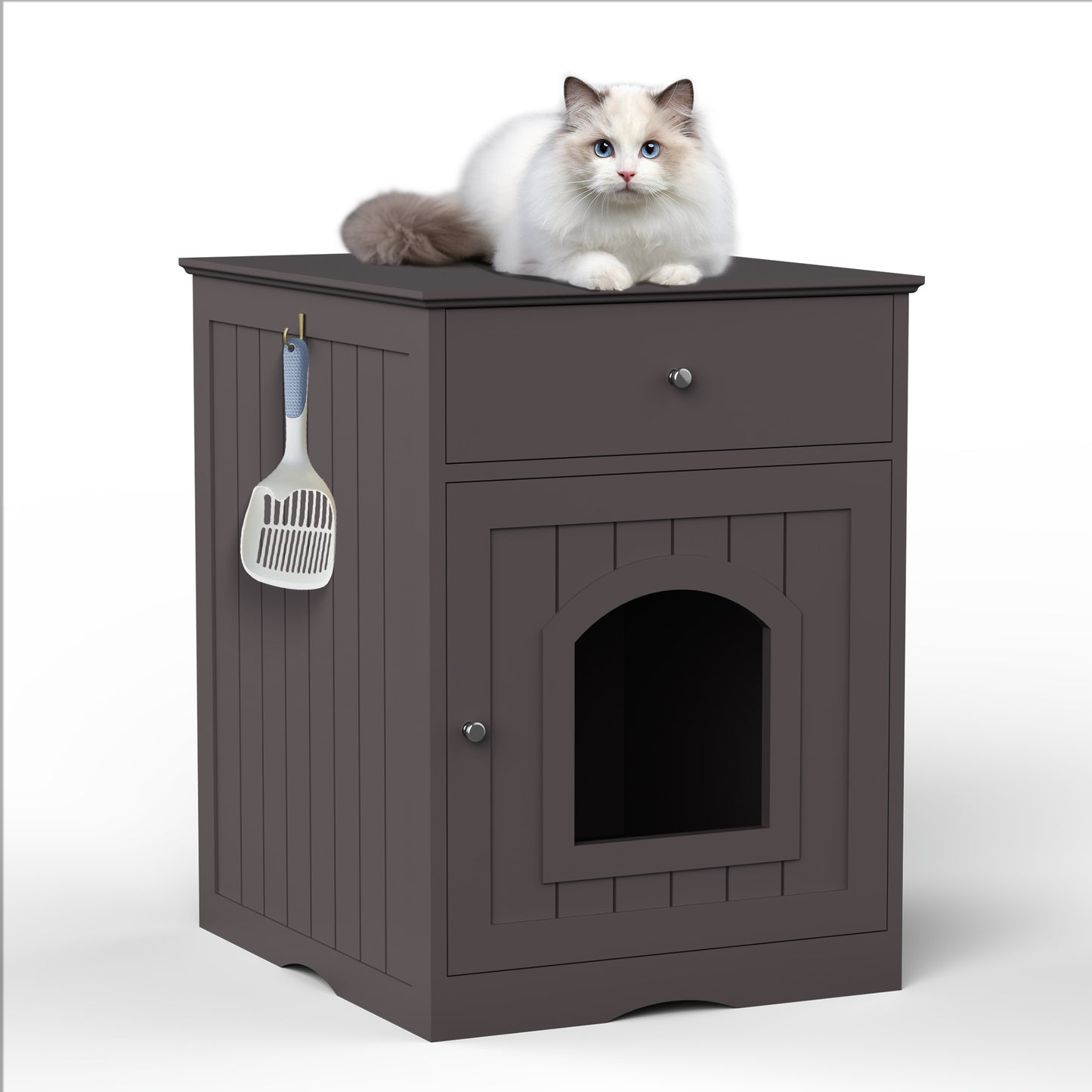 Wooden Pet House Cat Litter Box Enclosure with Drawer, Side Table, Indoor Pet Crate, Cat Home Nightstand Brown