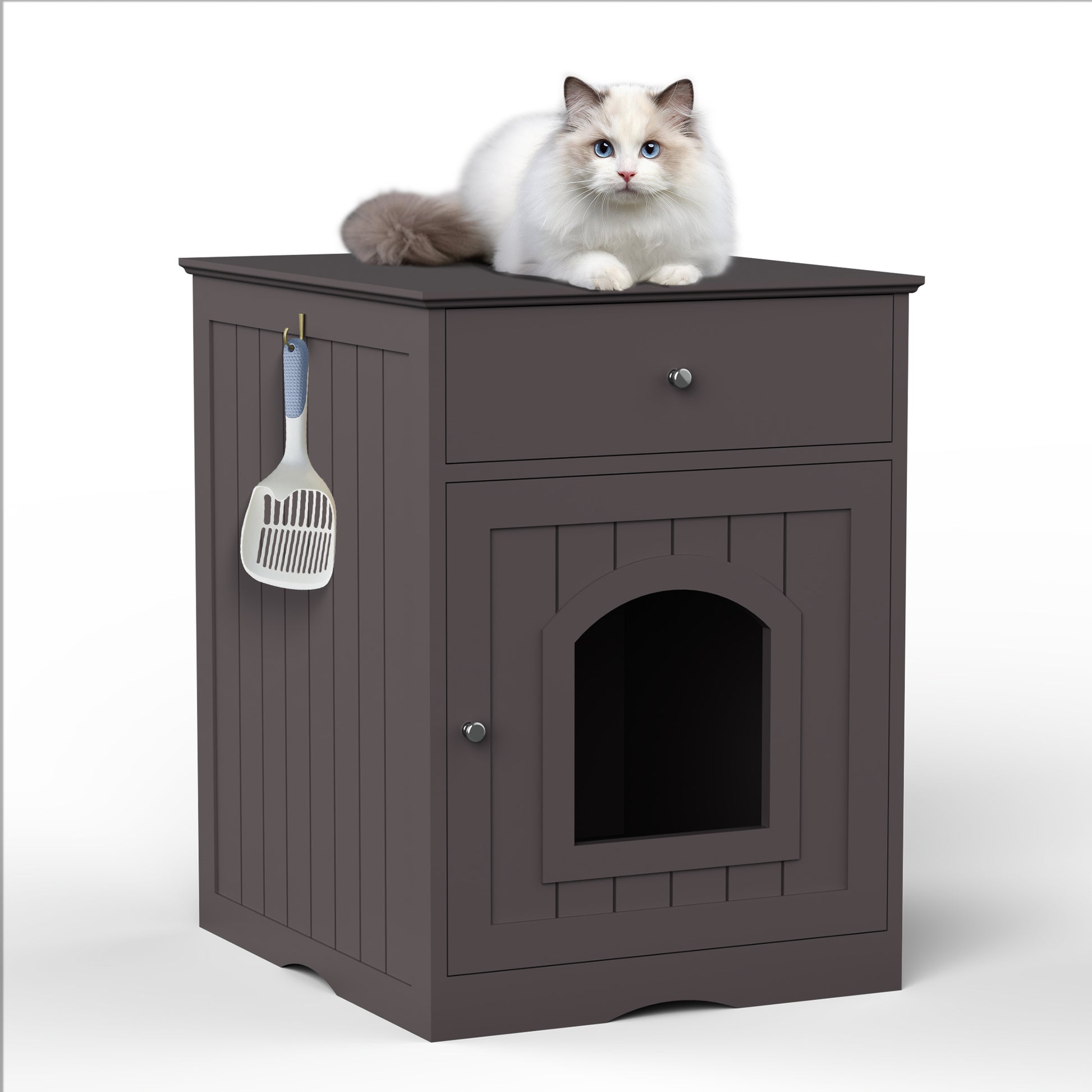 Wooden Pet House Cat Litter Box Enclosure with Drawer, Side Table, Indoor Pet Crate, Cat Home Nightstand Brown
