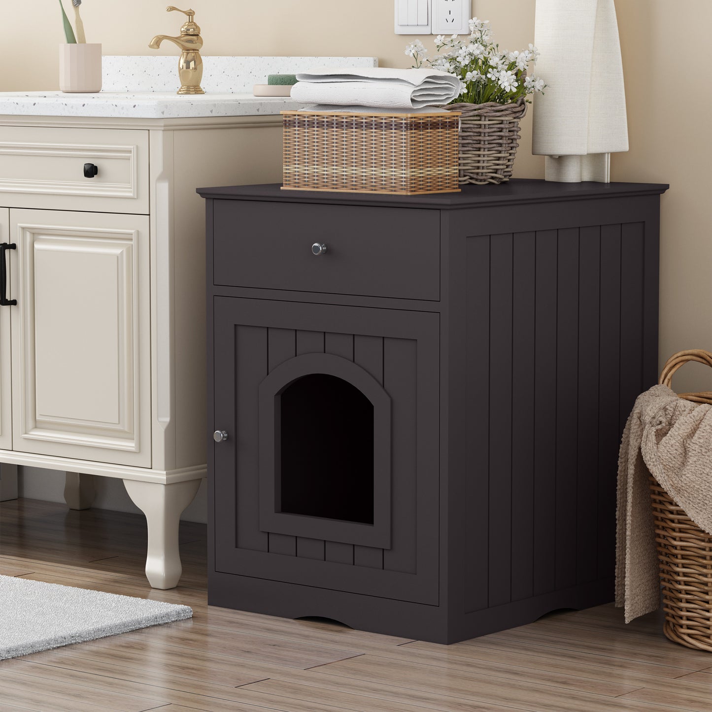Wooden Pet House Cat Litter Box Enclosure with Drawer, Side Table, Indoor Pet Crate, Cat Home Nightstand Brown