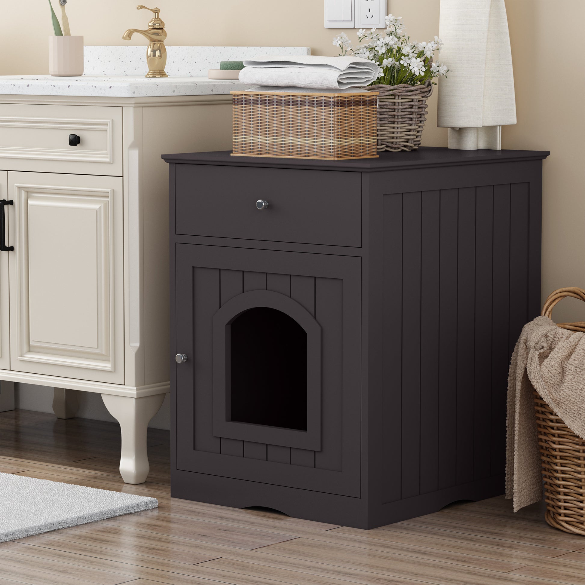 Wooden Pet House Cat Litter Box Enclosure with Drawer, Side Table, Indoor Pet Crate, Cat Home Nightstand Brown