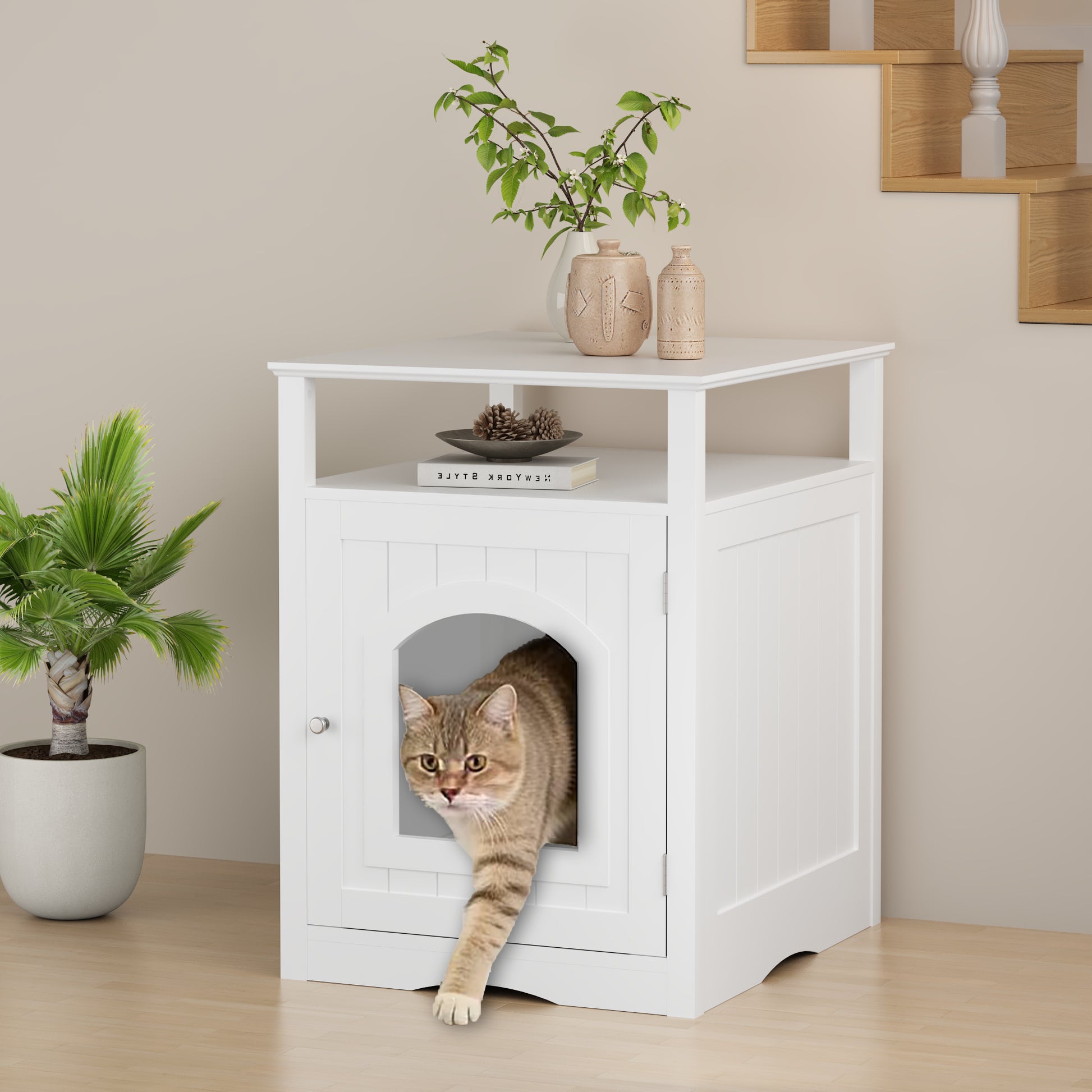 Cat Litter Box Enclosure Furniture, Indoor Wooden Cat House with Enclosed Cabinet, Hidden Litter Box Furniture with Storage Shelf, Modern Cat Condo Side Table for Living Room or Bedroom White