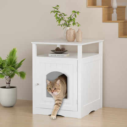 Cat Litter Box Enclosure Furniture, Indoor Wooden Cat House with Enclosed Cabinet, Hidden Litter Box Furniture with Storage Shelf, Modern Cat Condo Side Table for Living Room or Bedroom White