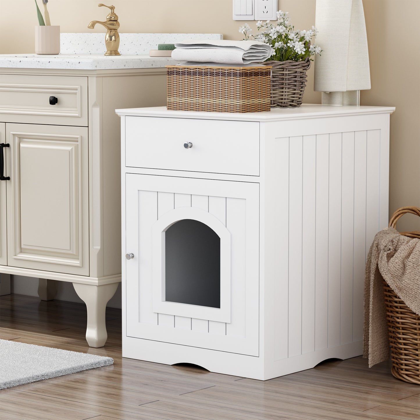 Wooden Pet House Cat Litter Box Enclosure with Drawer, Side Table, Indoor Pet Crate, Cat Home Nightstand White