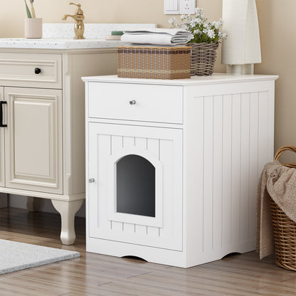 Wooden Pet House Cat Litter Box Enclosure with Drawer, Side Table, Indoor Pet Crate, Cat Home Nightstand White