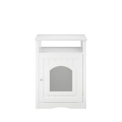 Cat Litter Box Enclosure Furniture, Indoor Wooden Cat House with Enclosed Cabinet, Hidden Litter Box Furniture with Storage Shelf, Modern Cat Condo Side Table for Living Room or Bedroom White
