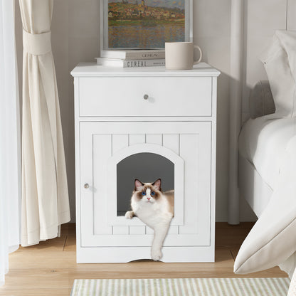 Wooden Pet House Cat Litter Box Enclosure with Drawer, Side Table, Indoor Pet Crate, Cat Home Nightstand White