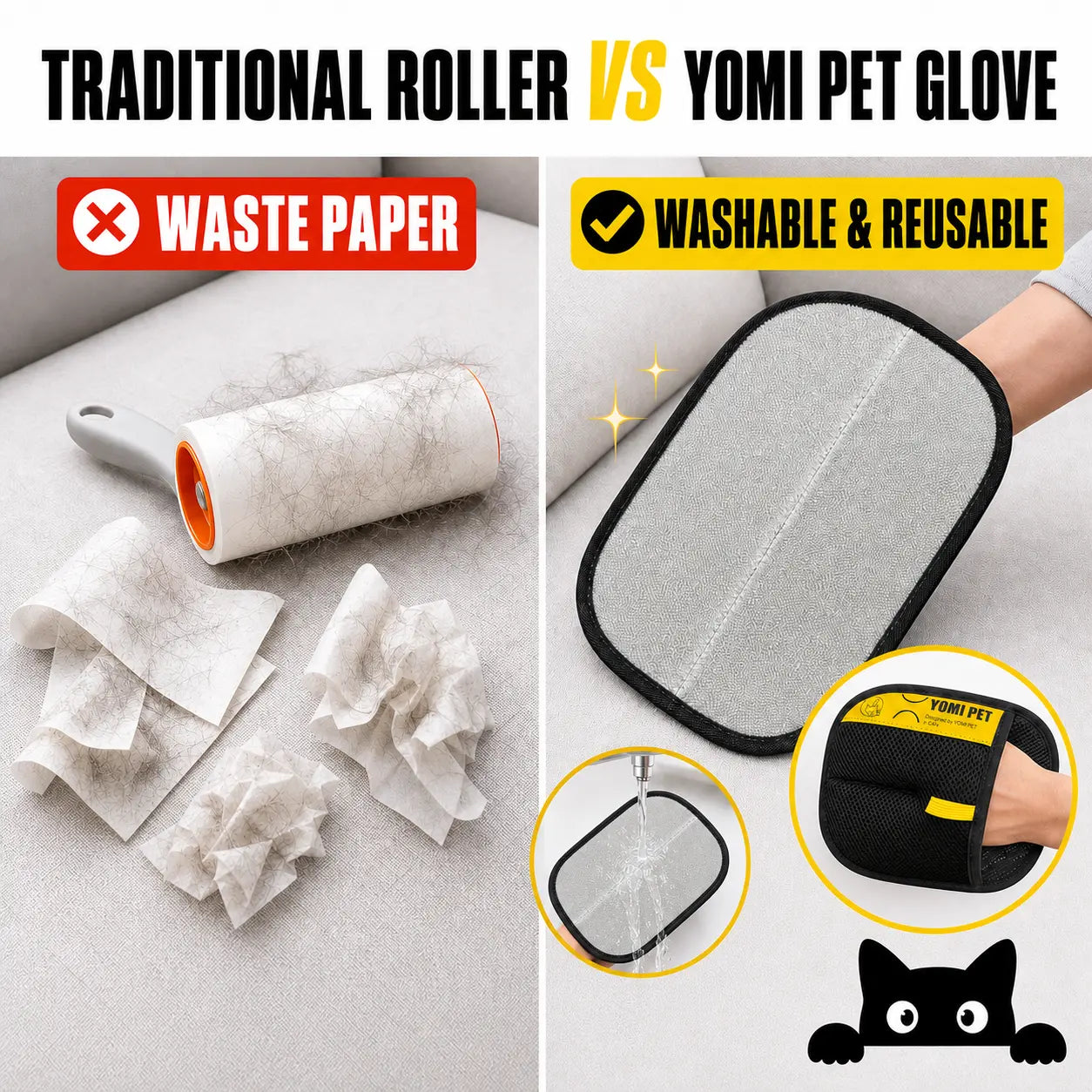 YOMI PET Pet Hair Remover Glove for Cats & Dogs, Reusable Electrostatic Lint Remover Mitt for Furniture, Couch, Carpet & Clothes