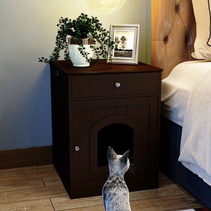 Wooden Pet House Cat Litter Box Enclosure with Drawer, Side Table, Indoor Pet Crate, Cat Home Nightstand Brown