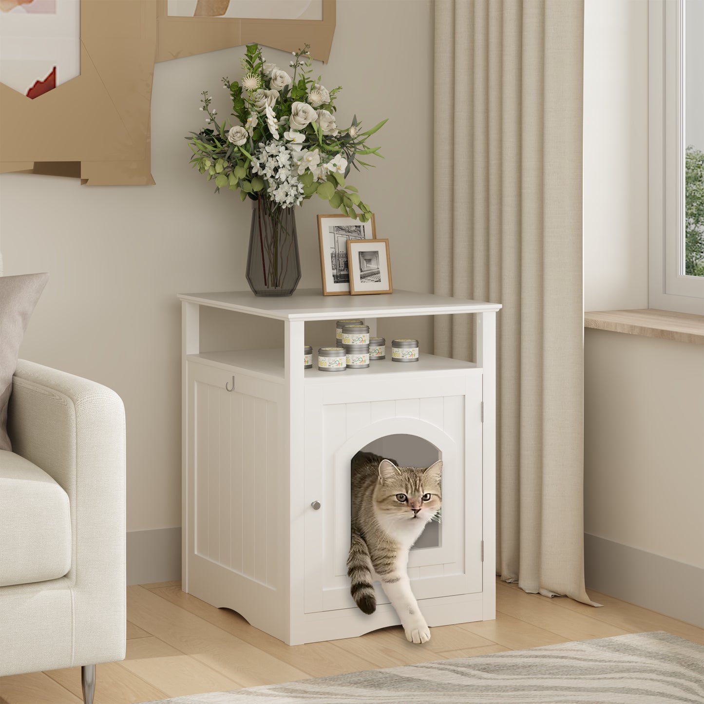 Cat Litter Box Enclosure Furniture, Indoor Wooden Cat House with Enclosed Cabinet, Hidden Litter Box Furniture with Storage Shelf, Modern Cat Condo Side Table for Living Room or Bedroom White
