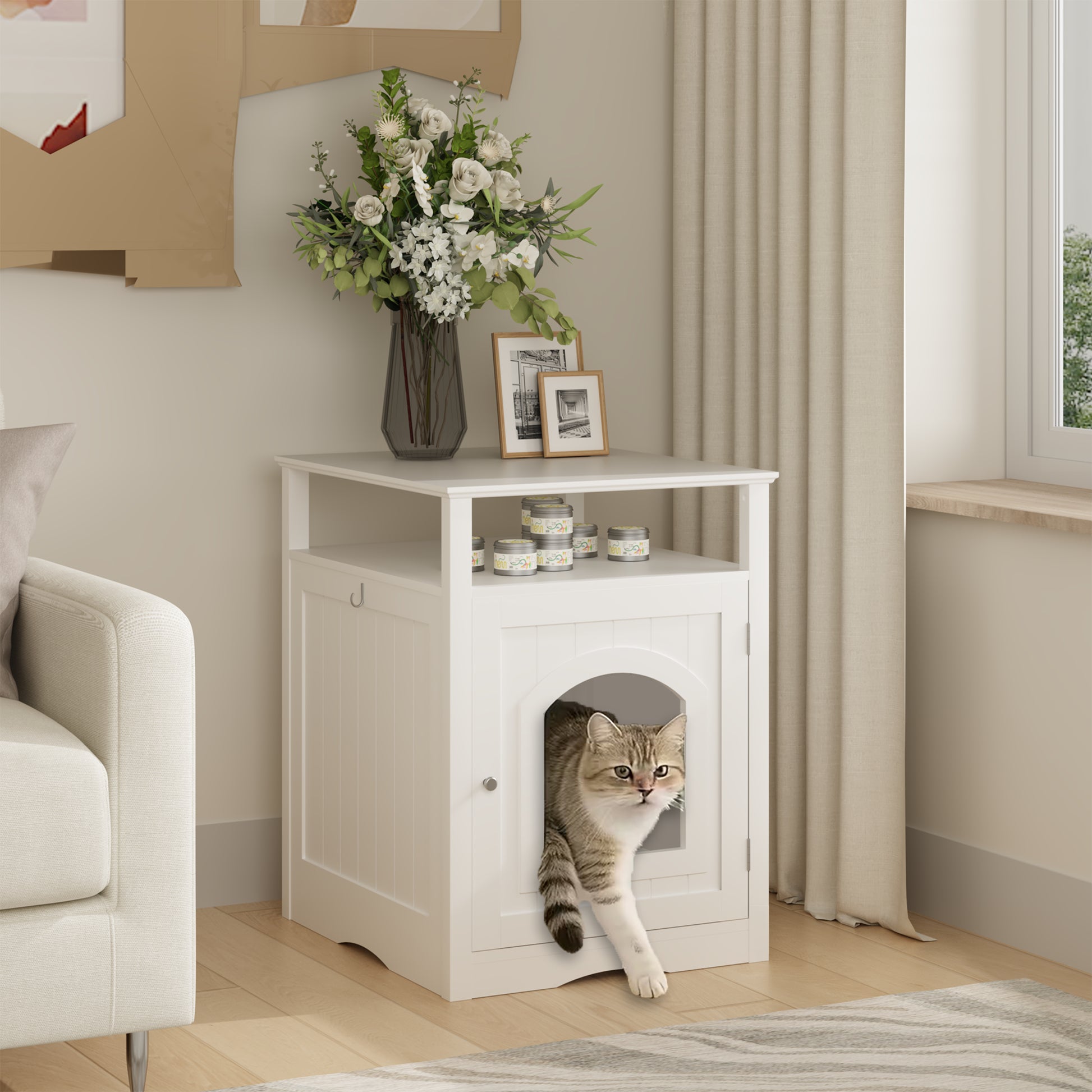 Cat Litter Box Enclosure Furniture, Indoor Wooden Cat House with Enclosed Cabinet, Hidden Litter Box Furniture with Storage Shelf, Modern Cat Condo Side Table for Living Room or Bedroom White