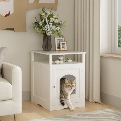 Cat Litter Box Enclosure Furniture, Indoor Wooden Cat House with Enclosed Cabinet, Hidden Litter Box Furniture with Storage Shelf, Modern Cat Condo Side Table for Living Room or Bedroom White