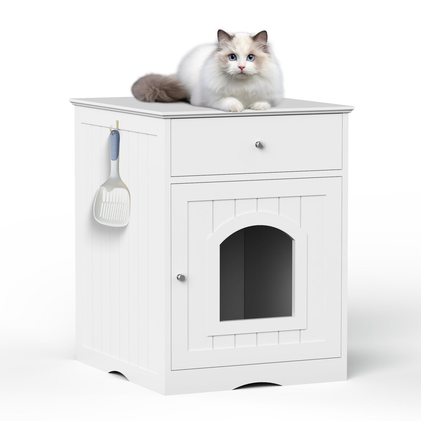 Wooden Pet House Cat Litter Box Enclosure with Drawer, Side Table, Indoor Pet Crate, Cat Home Nightstand White