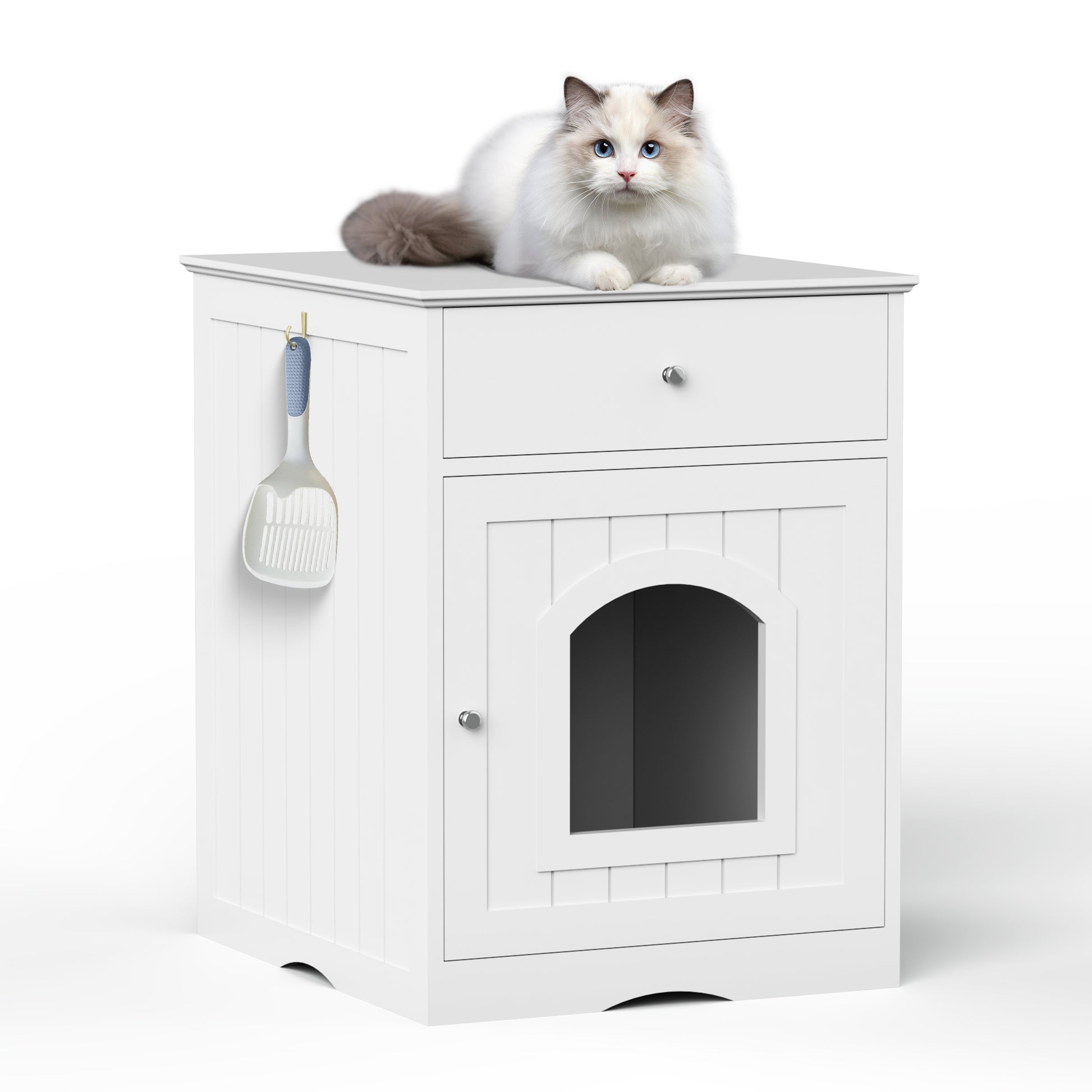 Wooden Pet House Cat Litter Box Enclosure with Drawer, Side Table, Indoor Pet Crate, Cat Home Nightstand White