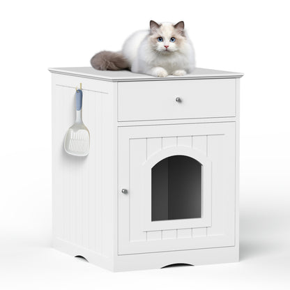 Wooden Pet House Cat Litter Box Enclosure with Drawer, Side Table, Indoor Pet Crate, Cat Home Nightstand White