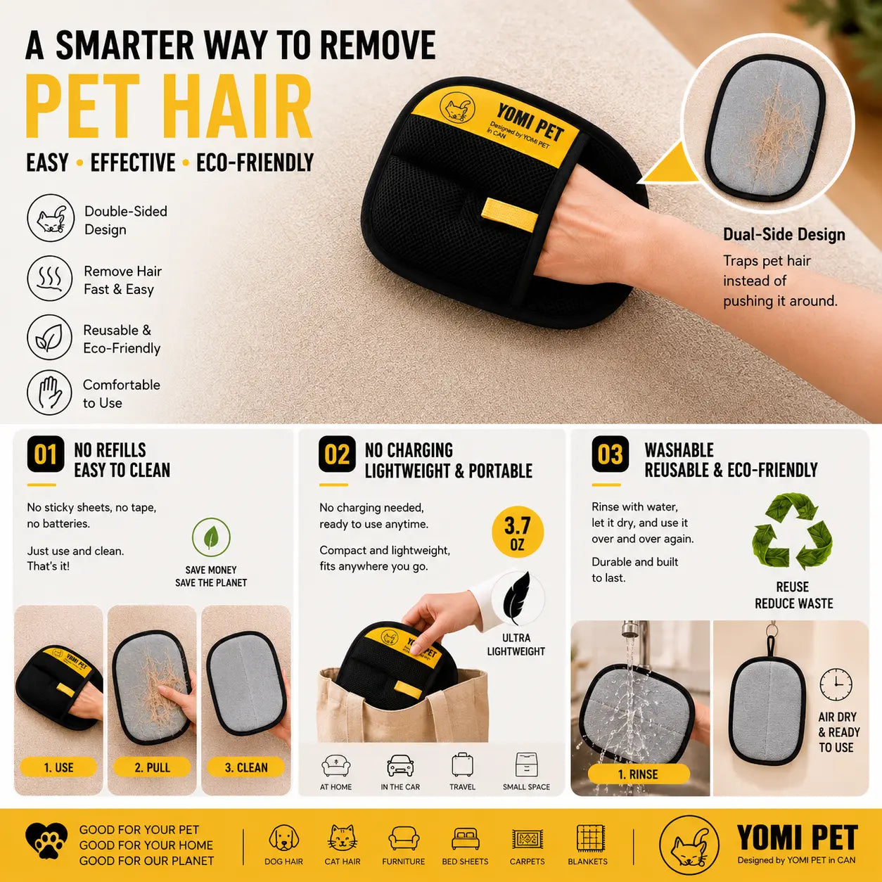 YOMI PET Pet Hair Remover Glove for Cats & Dogs, Reusable Electrostatic Lint Remover Mitt for Furniture, Couch, Carpet & Clothes