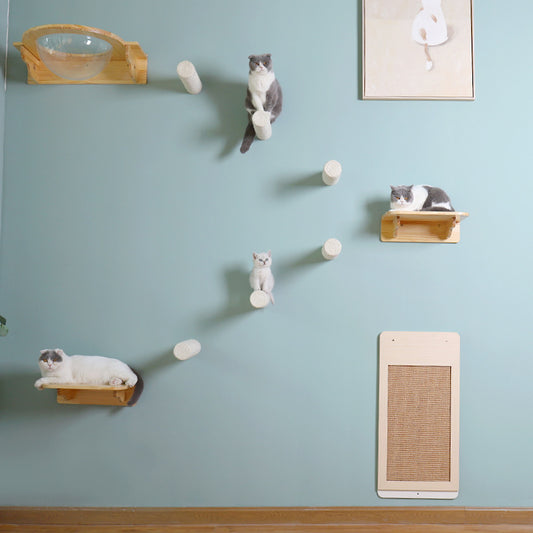 Wall-Mounted Solid Wood Cat Rack Sisal Grab Post