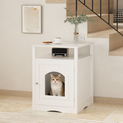 Cat Litter Box Enclosure Furniture, Indoor Wooden Cat House with Enclosed Cabinet, Hidden Litter Box Furniture with Storage Shelf, Modern Cat Condo Side Table for Living Room or Bedroom White