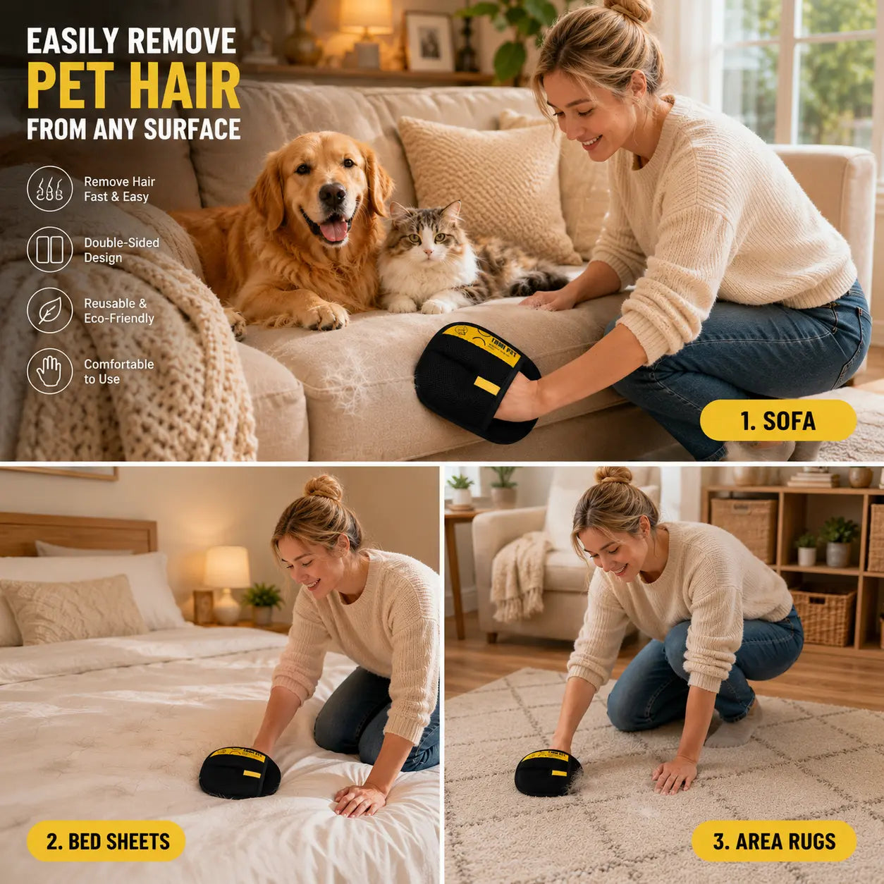 YOMI PET Pet Hair Remover Glove for Cats & Dogs, Reusable Electrostatic Lint Remover Mitt for Furniture, Couch, Carpet & Clothes