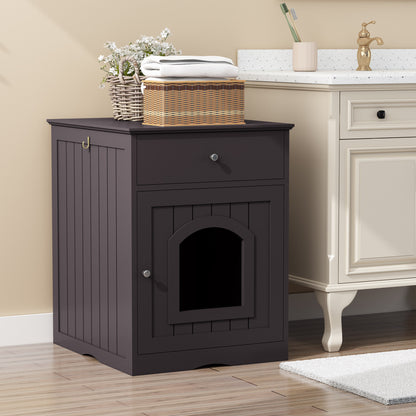 Wooden Pet House Cat Litter Box Enclosure with Drawer, Side Table, Indoor Pet Crate, Cat Home Nightstand Brown