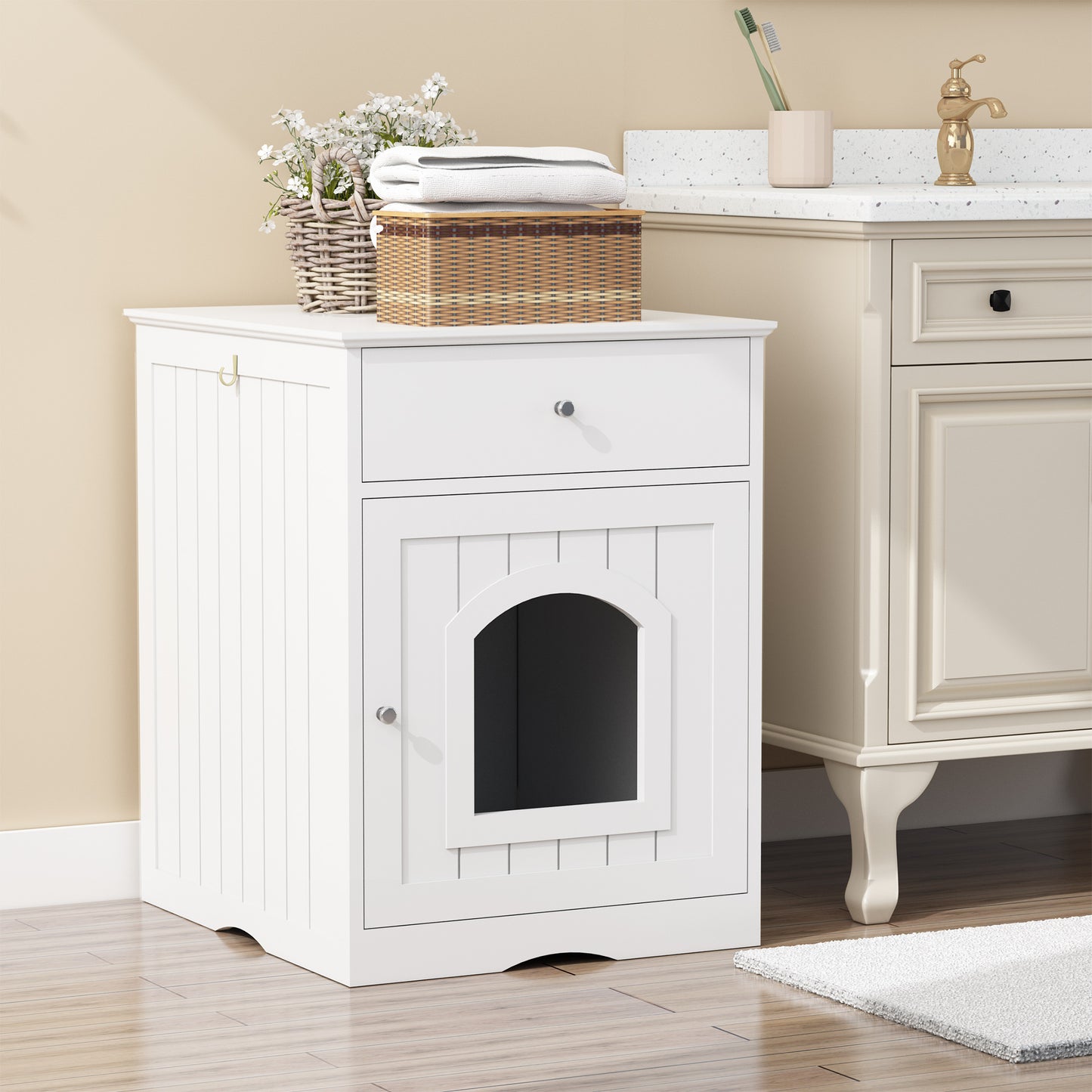Wooden Pet House Cat Litter Box Enclosure with Drawer, Side Table, Indoor Pet Crate, Cat Home Nightstand White