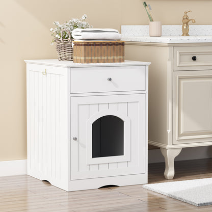 Wooden Pet House Cat Litter Box Enclosure with Drawer, Side Table, Indoor Pet Crate, Cat Home Nightstand White